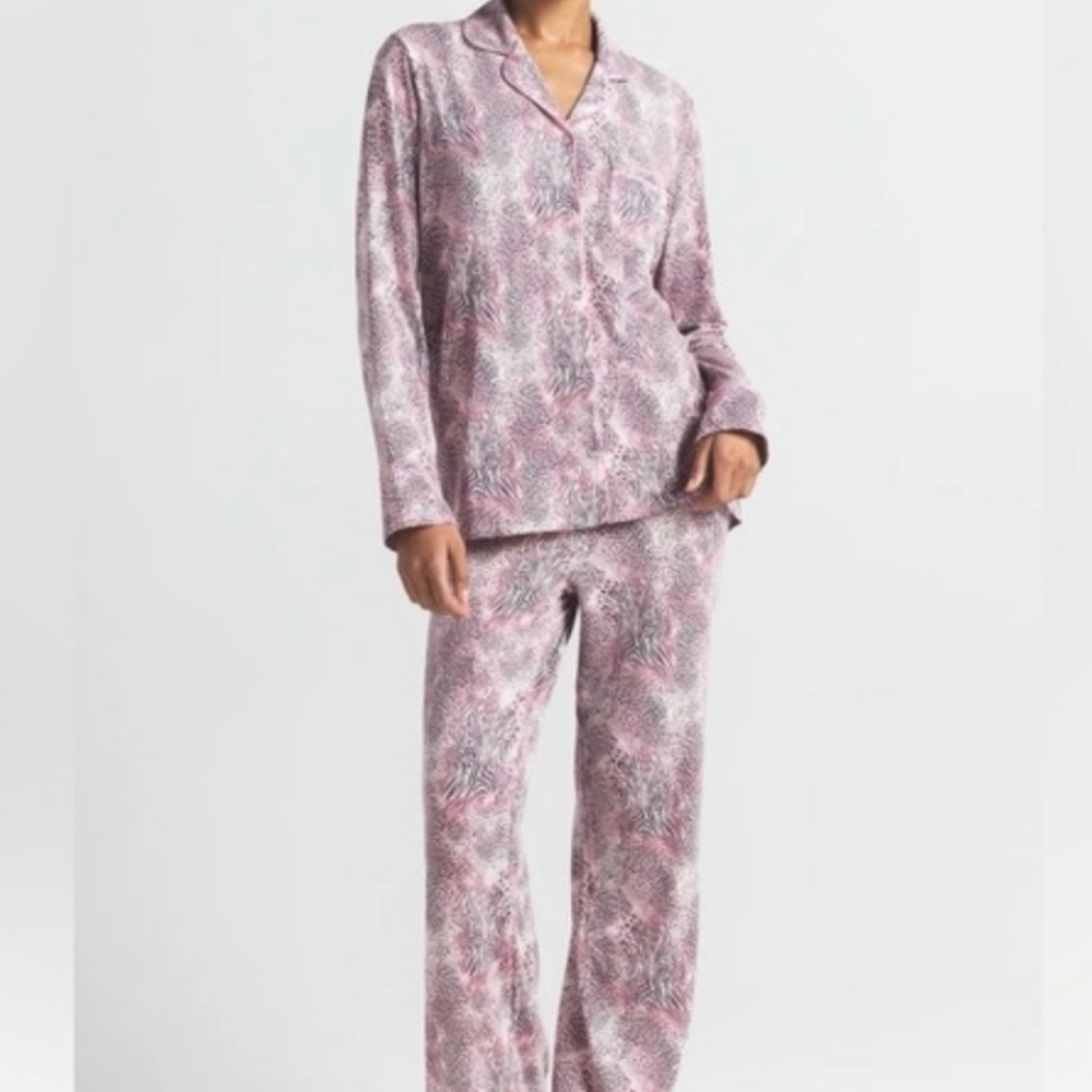 SKIMS Bloom Long Sleeve Pajama Set Pink Leopard Print XS NWT